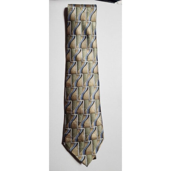 Mens Stanford Geometric Golden Tan Blue Neck Silk Tie 58” L x4” W Classic Power - Picture 7 of 11